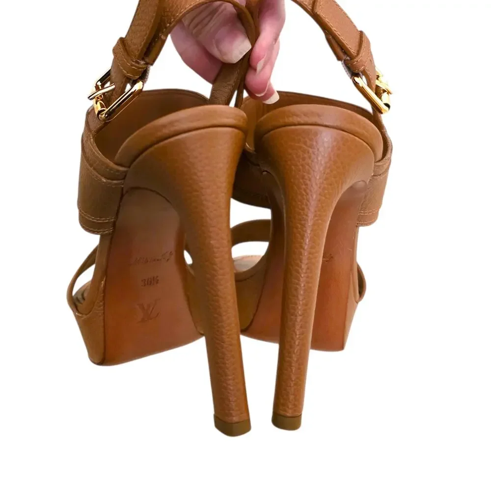 Louis Vuitton Platform Brown Leather Heel Sandals Logo Horizon IT 36.5 US 6.5